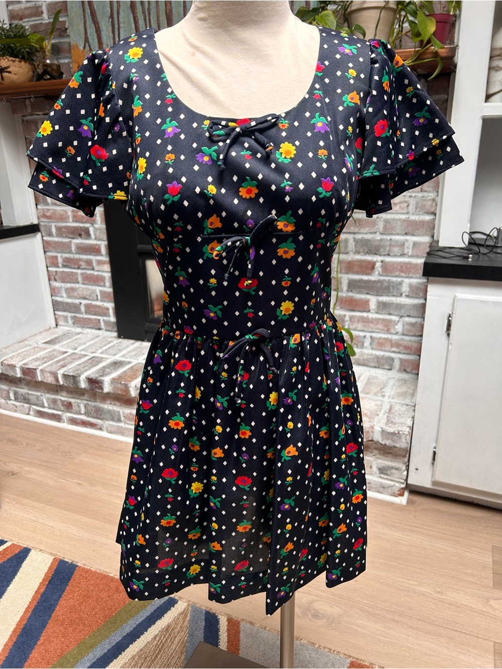 Vintage dark navy floral mini dress polka dot floral dress Size Small